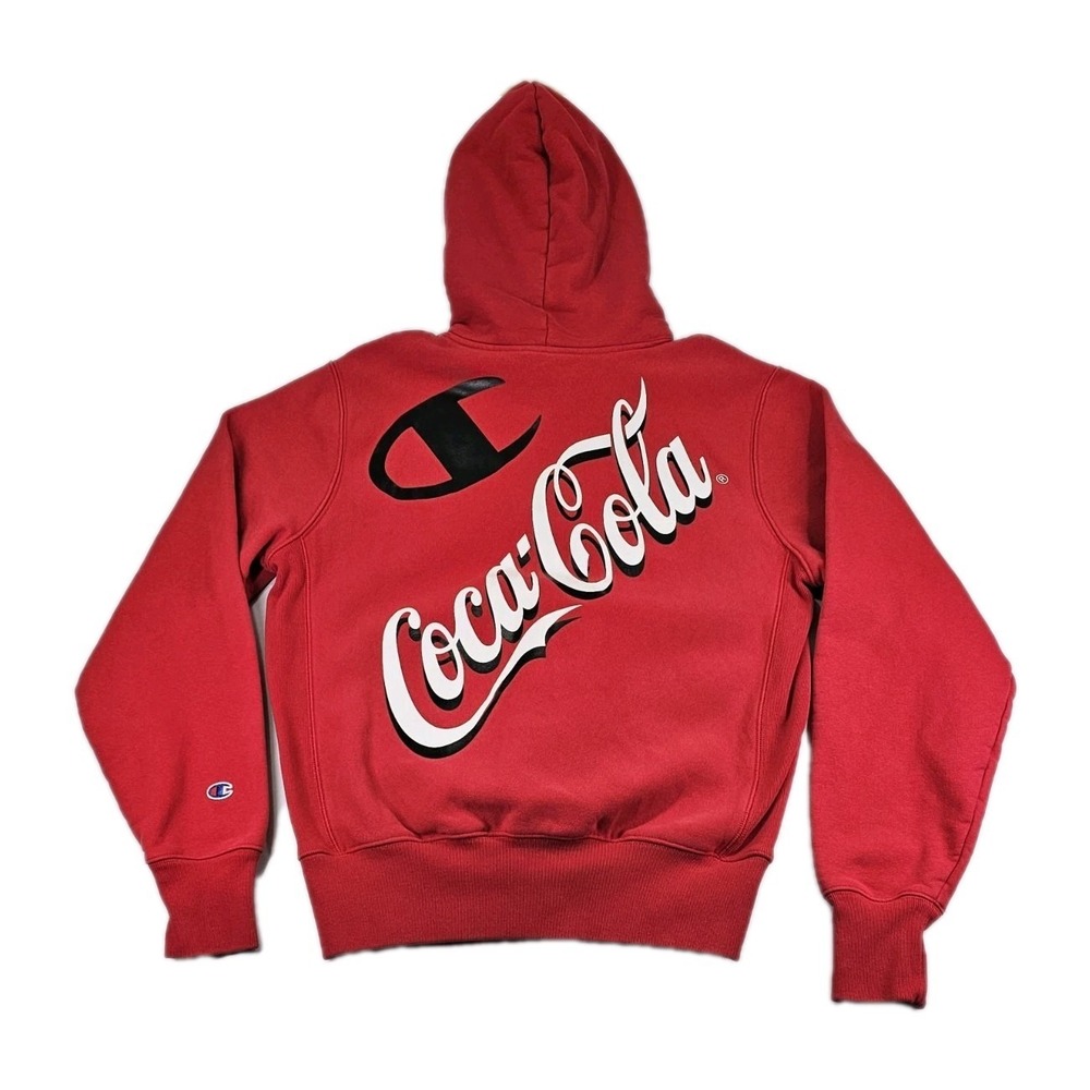 Champion Coca Cola Coke Hoodie Mens Medium Red Reverse Weave Pullover Sweatshirt